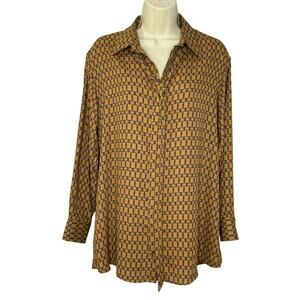 Drew Belting-Print Georgette Blouse Long Sleeve Brown Tie Neck Medium
